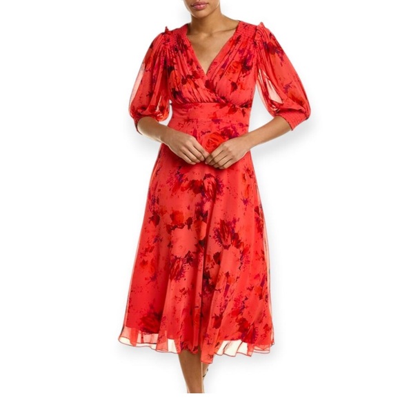 RICKIE FREEMAN FOR TERI JON Puff-Sleeve Shirred Surplice Chiffon Dress Size 8 - Picture 2 of 7